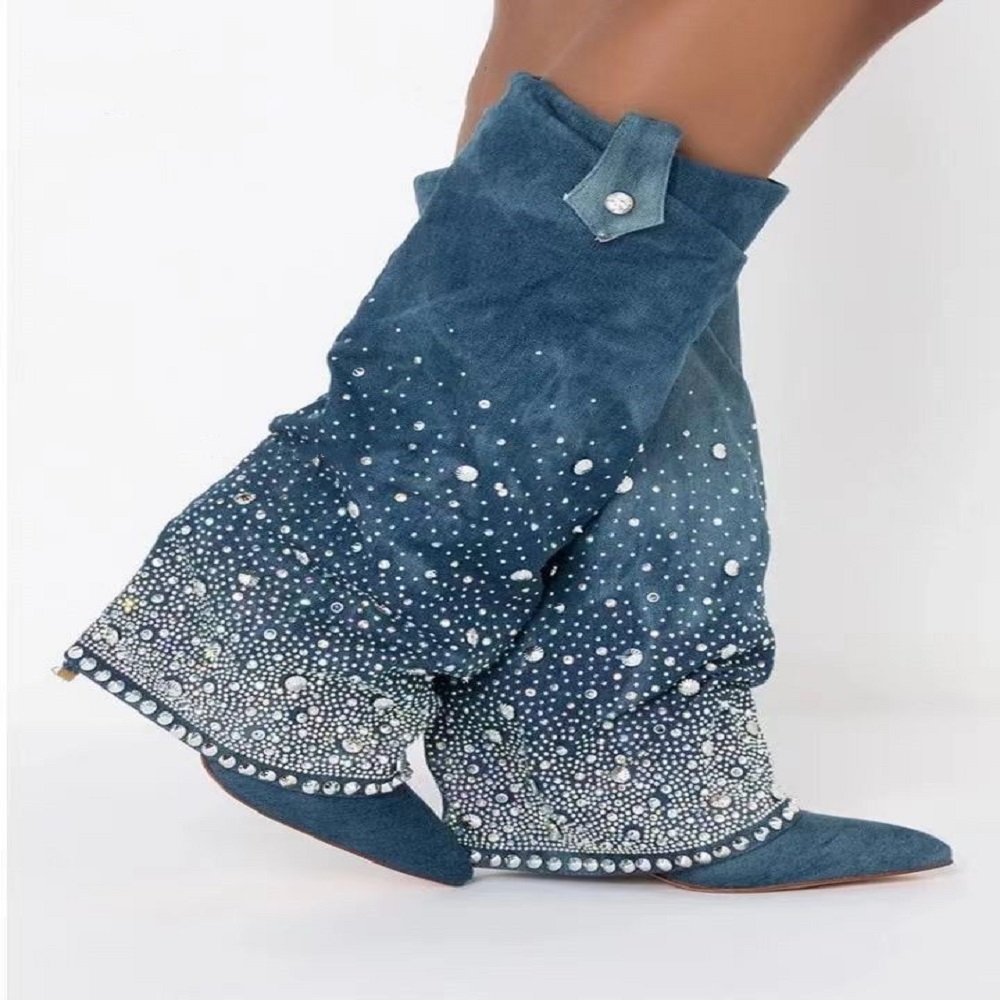 데님 부츠 여성 신발 무릎 높이 Botas Femininas 카우보이 부츠 Botas Zapatos De Mujer 남성용 겨울 부츠